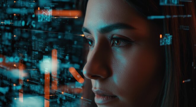 Woman viewing neon data displays in a futuristic digital technology scene - Powered by Adobe