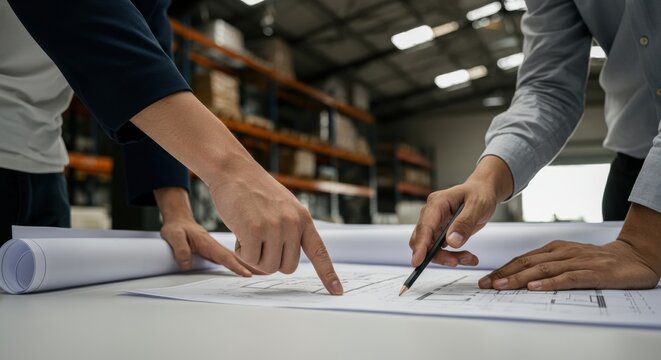 Team collaborates over blueprints at a spacious warehouse workspace planning a project