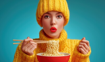 A young woman in a warm yellow sweater enjoys instant noodles while using chopsticks