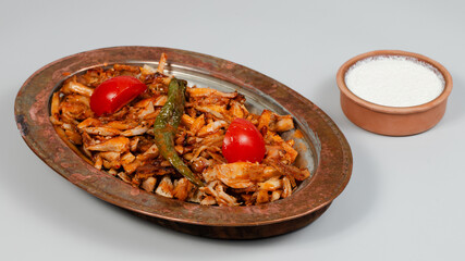 Turkish iskender doner kebab top view	