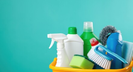 Cleaning supplies arranged in a yellow bucket against a teal background