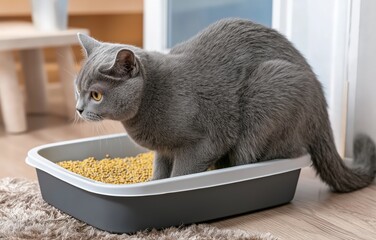 Gray cat sits in litter box, focused and cozy in a well-lit restroom space