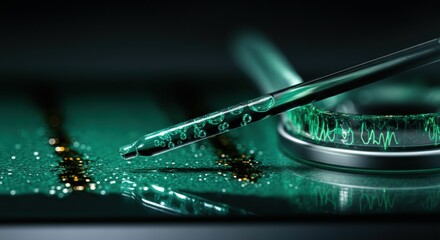 Pipette and petri dish glow under neon green lab lighting, emphasizing precision