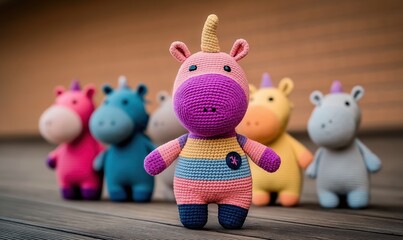 Cute crochet unicorn monster stands out among pastel friends in a playful arrangement