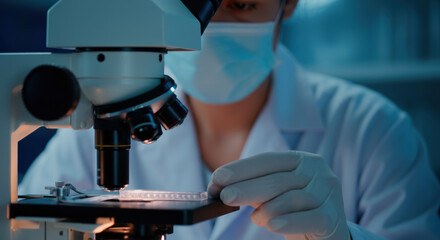 Scientist carefully examines a slide under a microscope in a clinical lab