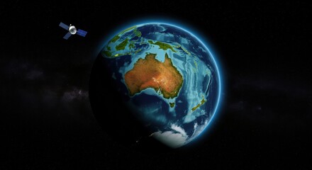Fototapeta premium Earth observed from space with a satellite nearby against a dark backdrop
