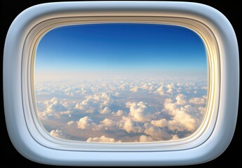 Stunning view from airship cabin window showcases fluffy clouds and clear blue sky above