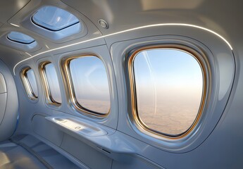 Spacious airship cabin features panoramic windows showcasing the serene landscape below