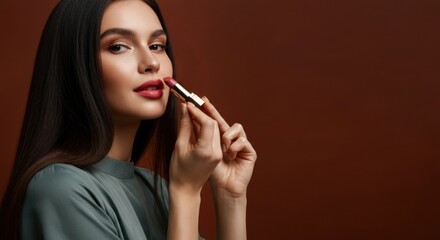 Woman applying lipstick with poised expression in a warm studio setting