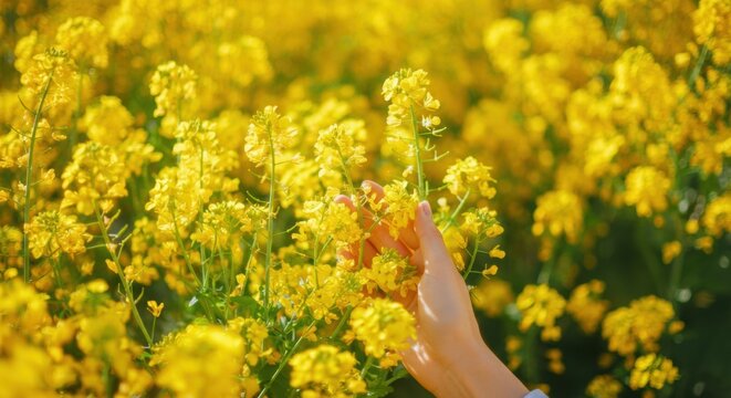 Hand gently touches vibrant yellow flowers in a sunlit field of spring - Powered by Adobe