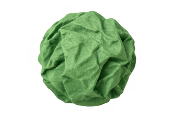 Green crumpled paper ball on a transparent background, symbolizing waste, recycling, eco-friendliness, or a discarded idea