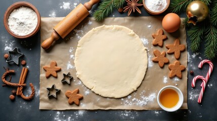 A flat lay of cookie dough with various cookie cutters and baking ingredients, perfect for holiday baking inspiration.
