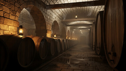 An ancient underground stone wine cellar with rows of aging oak barrels illuminated by warm lantern light