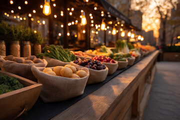 winter wonderland market, winter produce and gentle string lights decorate street market stalls