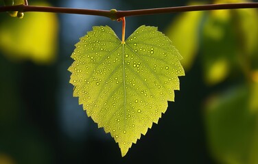 Droplets of morning dew cling to a vibrant green grape leaf, catching the sunlight beautifully