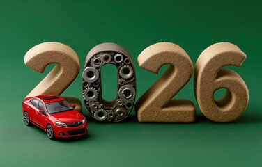 A red toy car beside 2026 adds a festive touch with auto parts