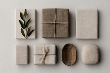 gift wrapping ideas, gifts displayed in a rustic flatlay, wrapped in natural fibers