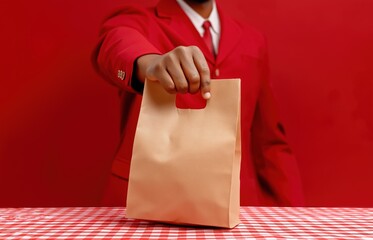 A young man in a striking red suit presents a kraft paper bag on a checkered table setting