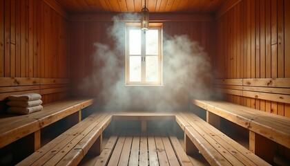 Sauna interior with steam and wooden benches