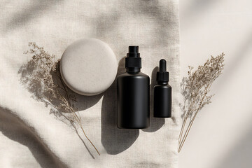 winter skincare flatlay, simple winter skincare flatlay with natural textures on linen cloth, in soft diffused light