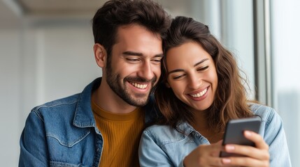 Young couple enjoys quality time using a smartphone, sharing smiles and laughter