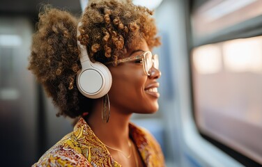 Commuter enjoying peaceful moments with headphones on a train journey to escape noise