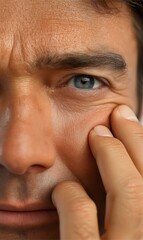 Middle-aged man shows emotions while gently touching his face in a serene setting