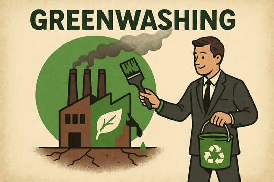 Greenwashing concept illustration with factory pollution painted as eco friendly by businessman symbolizing false sustainability marketing practices
