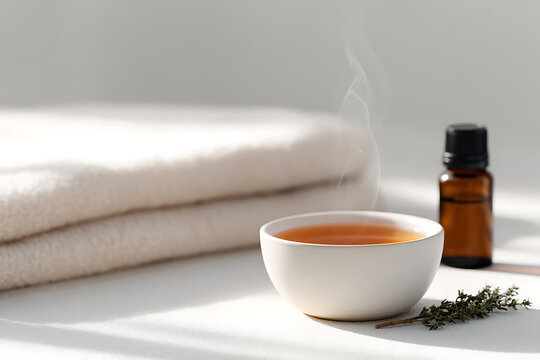morning wellness rituals, relaxing morning ritual with herbal tea, cozy blanket, and soothing aromatherapy steam
