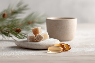 winter health display, clean health aesthetic with vitamins and supplements neatly arranged on a wooden table for the winter season