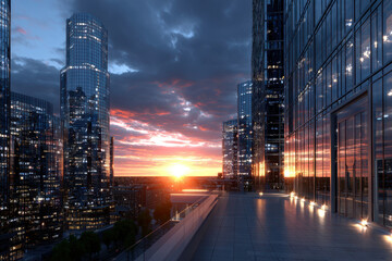 Obraz premium Modern Cityscape at Sunset with Glass Skyscrapers
