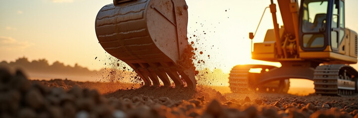Construction equipment at golden hour showcases machinery on construction site. Earthmover digs into soil, revealing equipment and construction vehicle doing work outdoors during beautiful light.