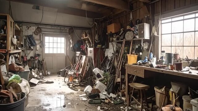 Cluttered garage workshop filled with tools, storage, and equipment, creating a busy and utilitarian space