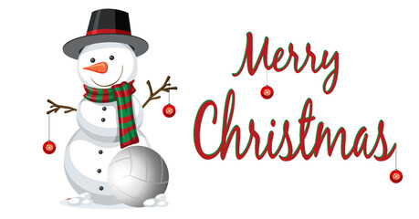 Friendly snowman holding a volleyball beside elegant “Merry Christmas” lettering. Great for holiday cards, team greetings, and seasonal graphic design.