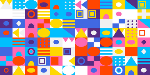 Colorful geometric abstract pattern background featuring a vibrant mosaic of various shapes and colors arranged in a modern grid design for art.