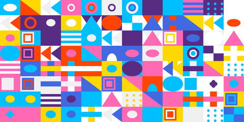 Vibrant and colorful geometric mosaic pattern with an array of abstract shapes and modern design elements, creating a dynamic and playful visual.