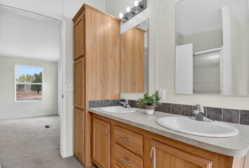 Wooden Cabinet With Mirror, Guest Or Private Bathroom With Practical Storage And Polished Fixtures