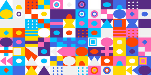 Vibrant abstract geometric pattern background with diverse shapes and bright colors in a playful modern mosaic style, ideal for contemporary design projects.