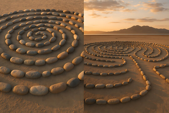 Large spiral labyrinth created from smooth stones on sandy desert plain under warm sunset light with mountains beyond horizon