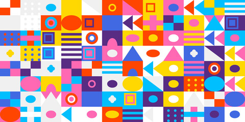 Vibrant and colorful geometric mosaic pattern with an array of abstract shapes and modern design elements