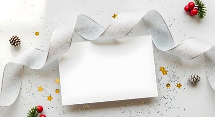 Blank white card for holiday greetings or invitation mock-up, surrounded by festive silver ribbon, glitter, pinecones, and red berries