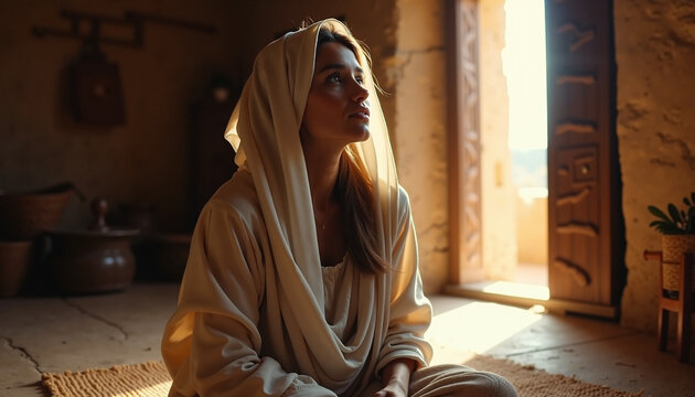 Woman in prayer shawl sitting indoors with pensive expression. Woman in prayer shawl in spiritual contemplation, seeking solace and guidance.
