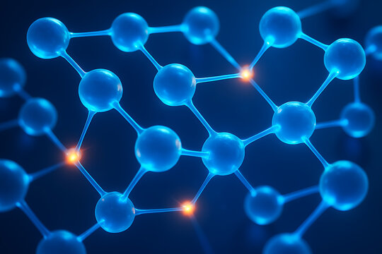 Molecular network with glowing atomic bonds representing modern science nanotechnology chemistry and futuristic biotechnology research visualization
