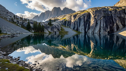 Serene reflection of jagged granite mountains and beautiful clouds on a tranquil alpine lake in the wilderness