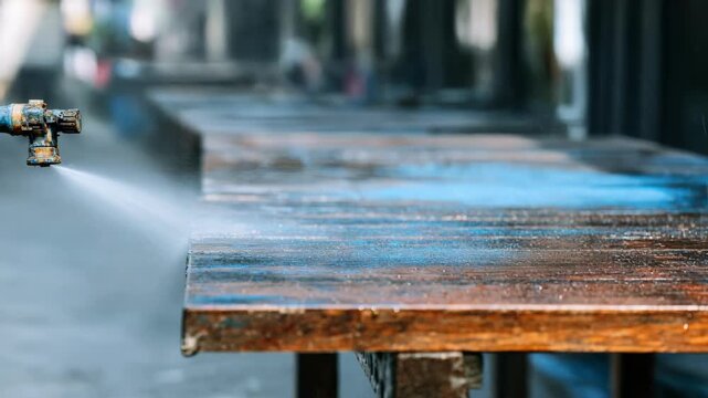 Medium shot of protective polymerless zinc coating being sprayed on metal surfaces outdoors showcasing environmental responsibility and innovation.