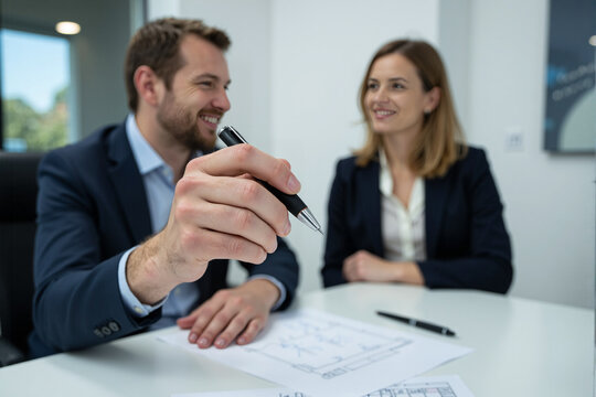 Smiling bearded businessman holding a pen points to a construction blueprint while discussing a project with a female colleague at a white modern office desk
