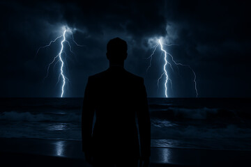 Strong professional facing dramatic storm lightning ocean waves symbolizing risk adversity courage determination and strength in business and life journey
