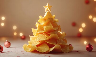 Potato chips layered forming a creative christmas tree, topped with a star, surrounded by blurred festive lights and ornaments