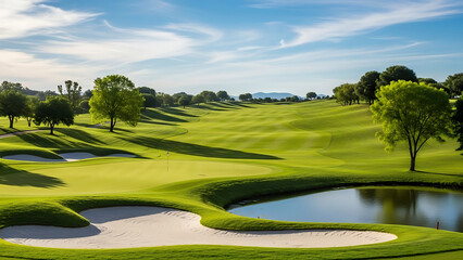 Scenic golf course landscape on a sunny day with green fairways, sand traps, and a water hazard