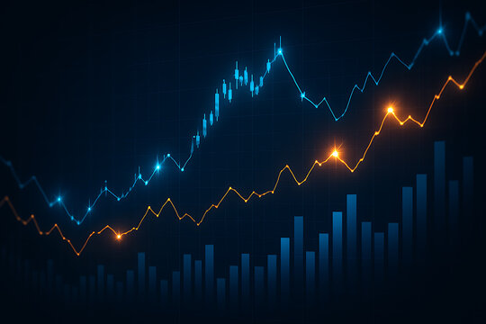Technological data analysis shown through financial market trading chart displaying glowing line indicators and statistical bars